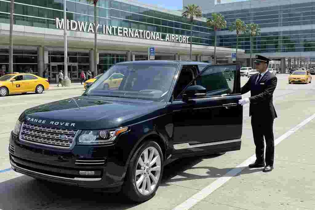 Luxury black SUV parked outside Midway International Airport terminal with professional chauffeur holding passenger door open, daytime realistic photography