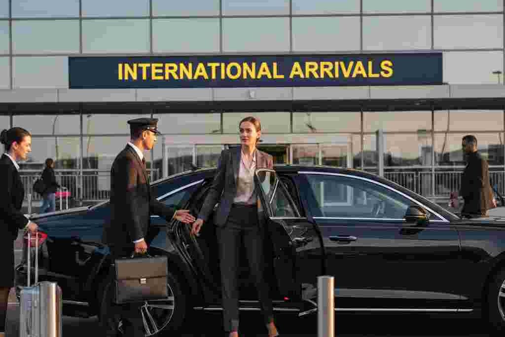 Luxury sedan driving on Chicago expressway toward Midway Airport with skyline in background, evening lighting