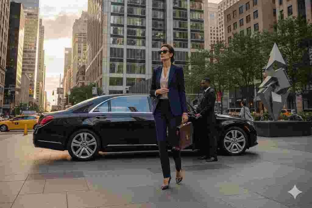 Business executive exiting luxury sedan in front of downtown skyscraper