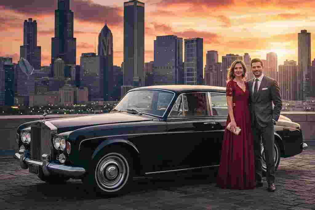 Elegant couple standing beside luxury black vehicle with Chicago skyline