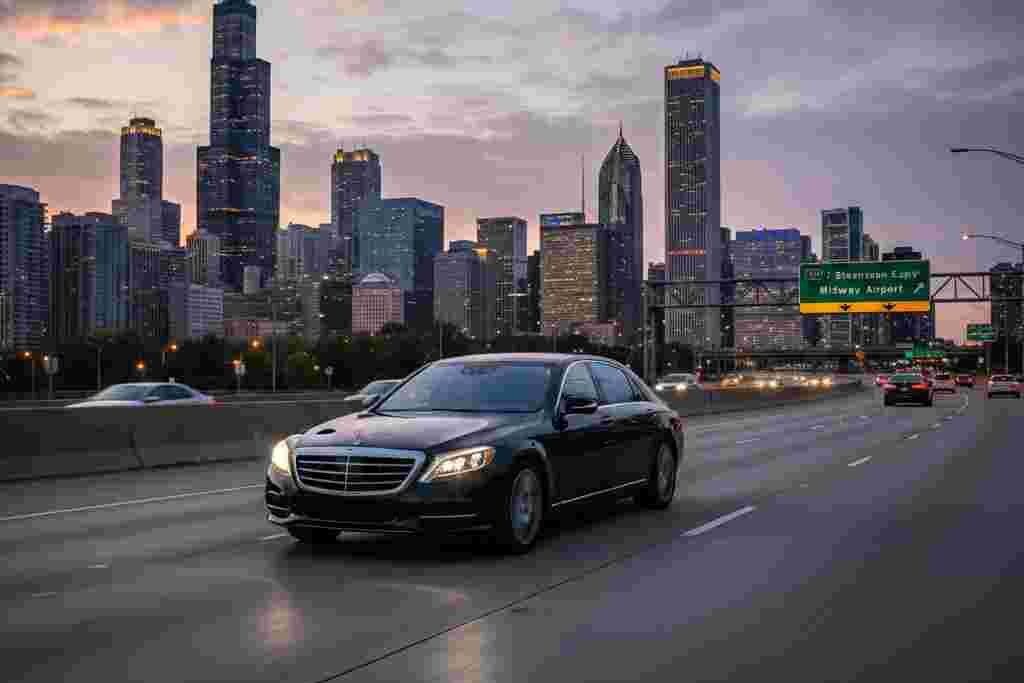 Chauffeur in black suit checking flight status on tablet beside luxury sedan at airport curbside pickup area