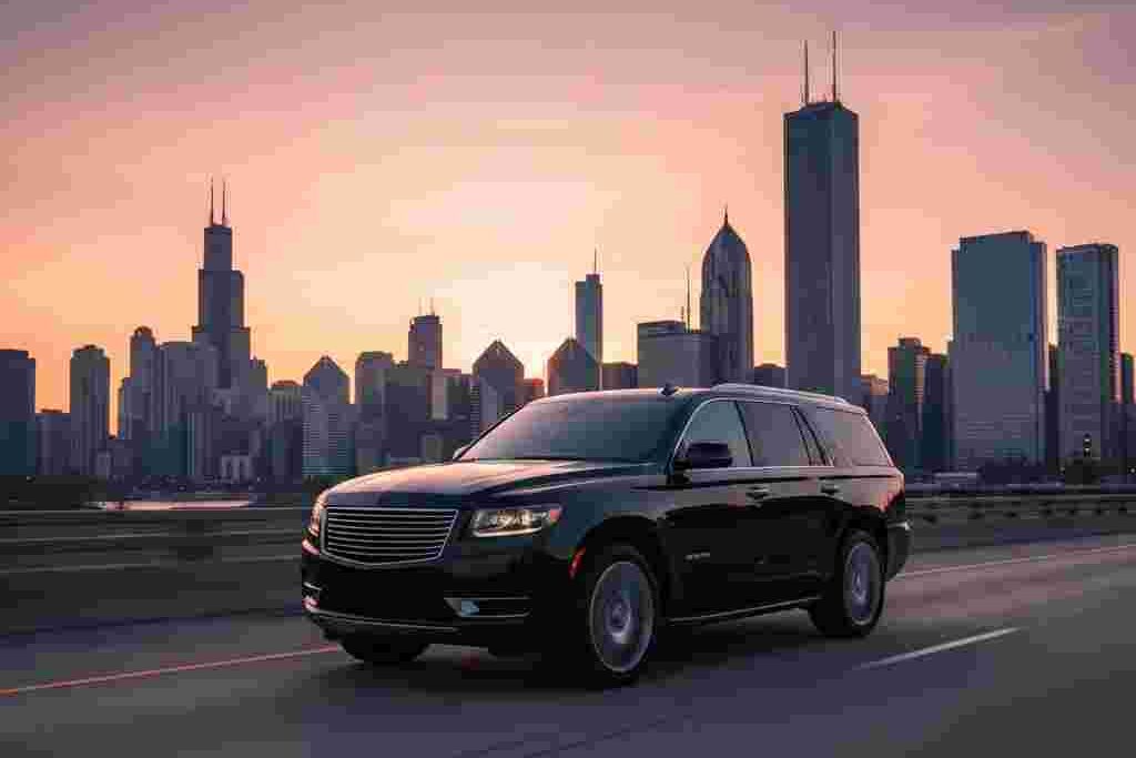Luxury black SUV driving on expressway toward Chicago skyline at sunrise