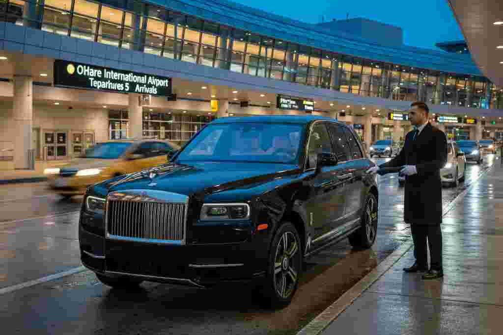 Chauffeur checking flight status on tablet while standing next to luxury sedan at airport pickup zone