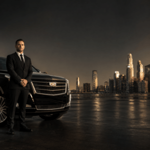 Luxury chauffeur standing beside Cadillac Escalade in downtown Chicago