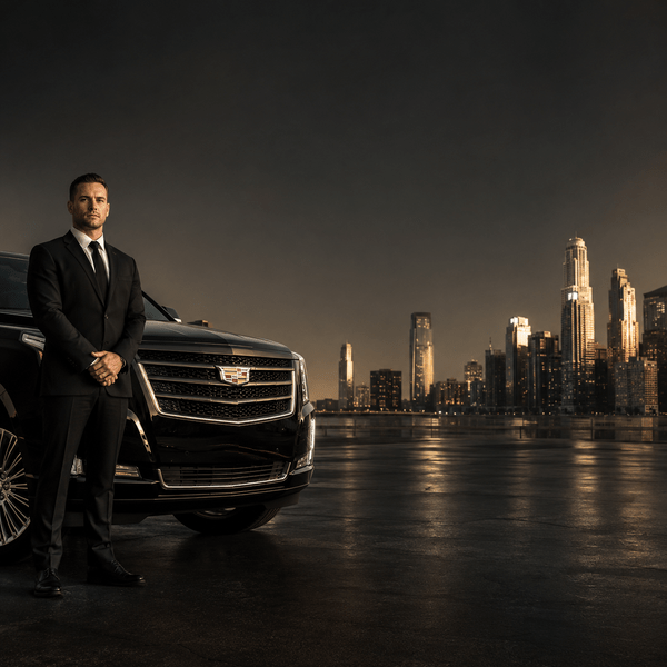 Luxury chauffeur standing beside Cadillac Escalade in downtown Chicago